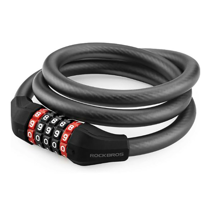 Rockbros - Rockbros Cykellås med 5-siffrig kod Stålvajer 120 cm med LED-belysning - Svart