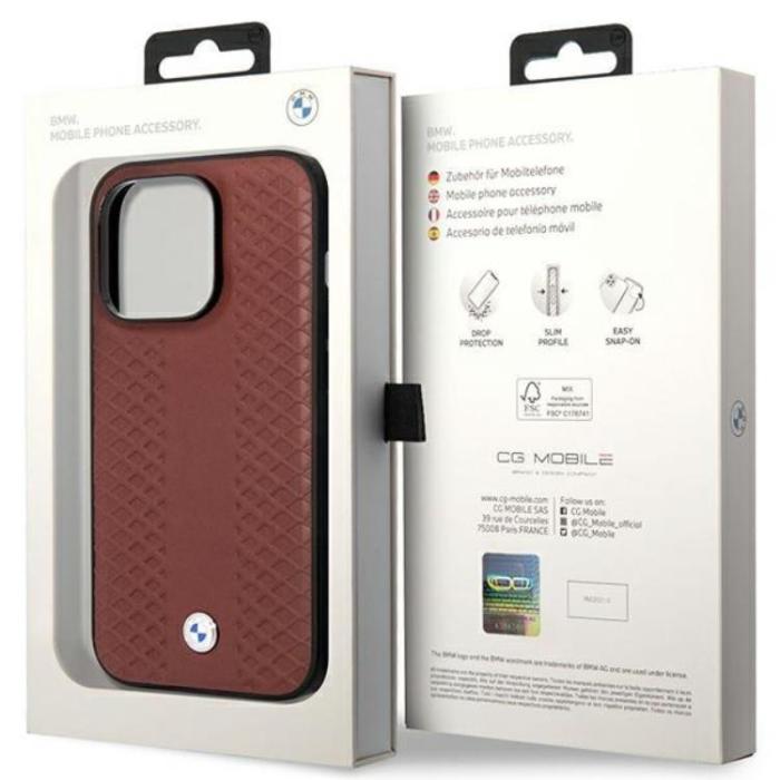BMW - BMW iPhone 14 Pro Max Mobilskal Läder Diamond Pattern - Burgundy