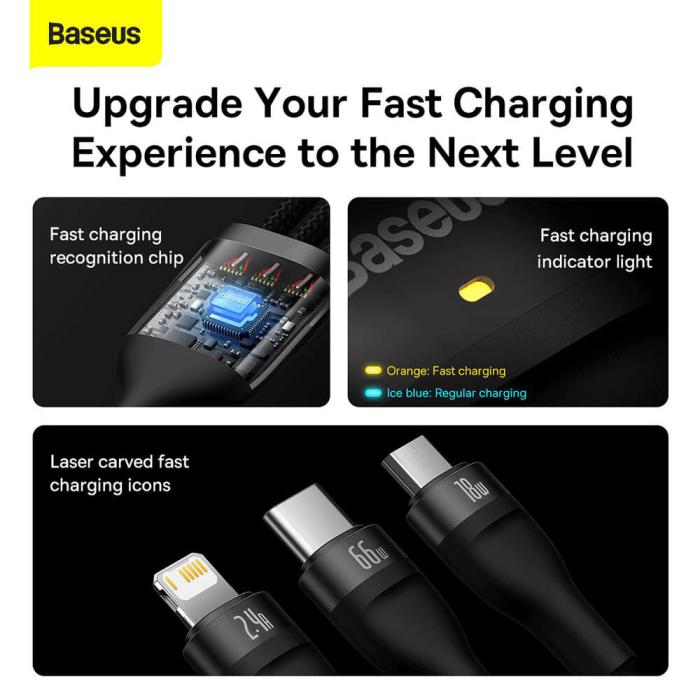 UTGATT - BASEUS kabel USB 3in1 USB-C microUSB Lightning 66W 1,2m svart