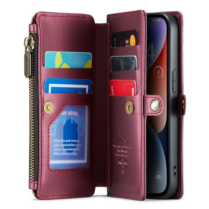 Caseme - CASEME Plånboksfodral Konstläder till iPhone 14 med kortfack - Vinröd