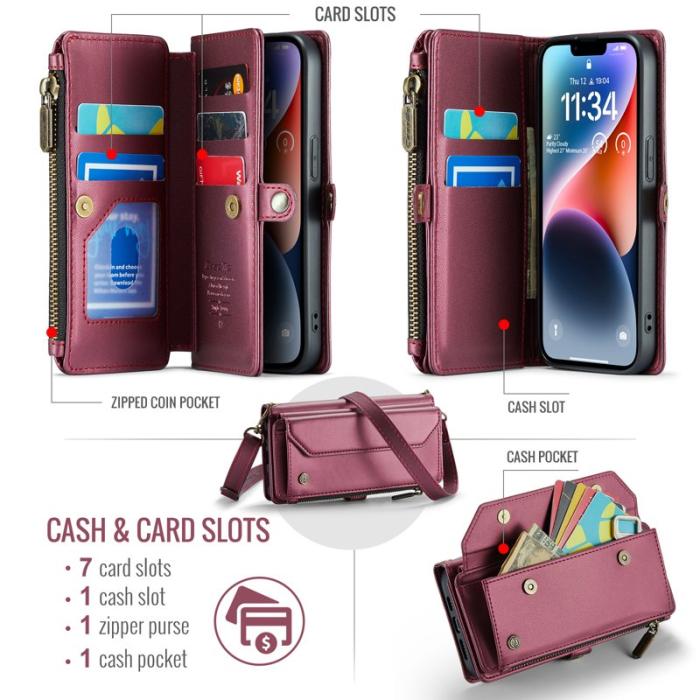 Caseme - CASEME Plånboksfodral Konstläder till iPhone 14 med kortfack - Vinröd