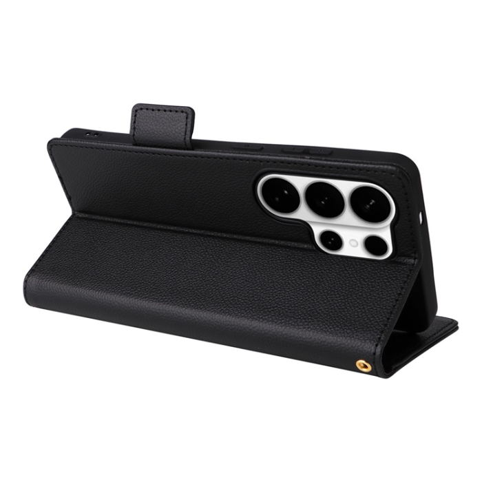 A-One Brand - Galaxy S26 Ultra Plånboksfodral Litchi Läder med Rem - Svart