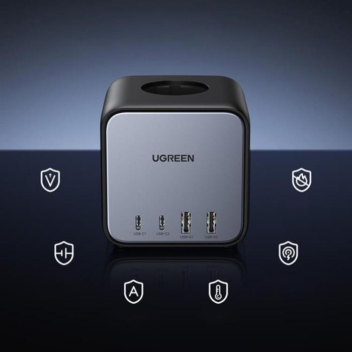 UTGATT1 - Ugreen Cube Väggladdare 65W USB/USB-C/3x AC Strip - Svart
