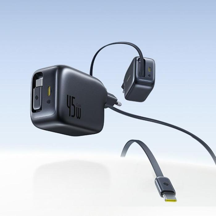 BASEUS - Baseus Snabbladdare 45W USB-C med Infällbar kabel EnerCore CJ11- Svart
