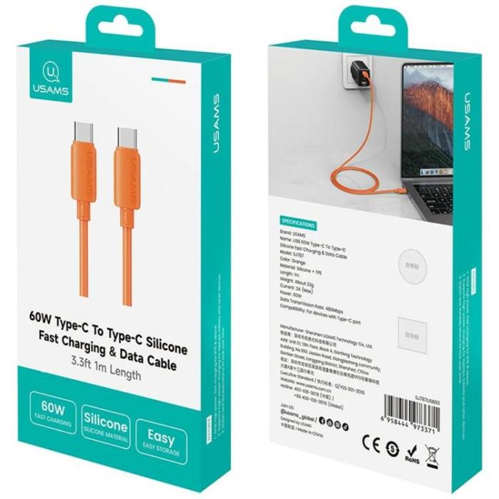 USAMS - USAMS USB-C till USB-C 60W Kabel 3A 1m Silikon U98 - Orange