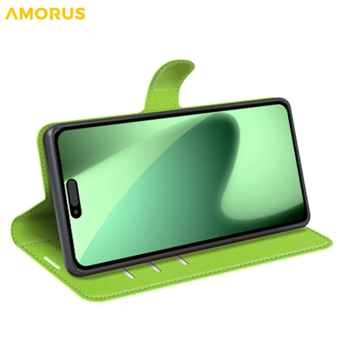 Amorus - AMORUS iPhone 17 Pro Plånboksfodral Flipstativ Litchi - Grön