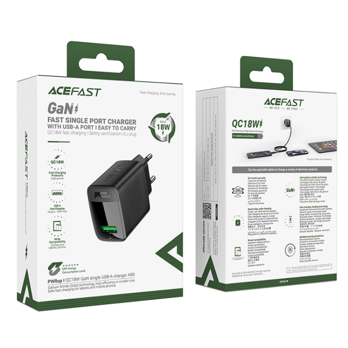 Acefast - Acefast Väggladdare 18W A90 GaN USB-A QC - Svart