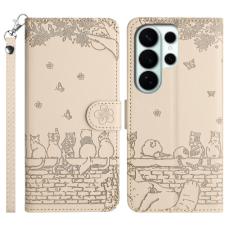 OEM - Samsung Galaxy S26 Ultra Skal &Auml;kta L&auml;der M&ouml;nster Katter - Aprikos