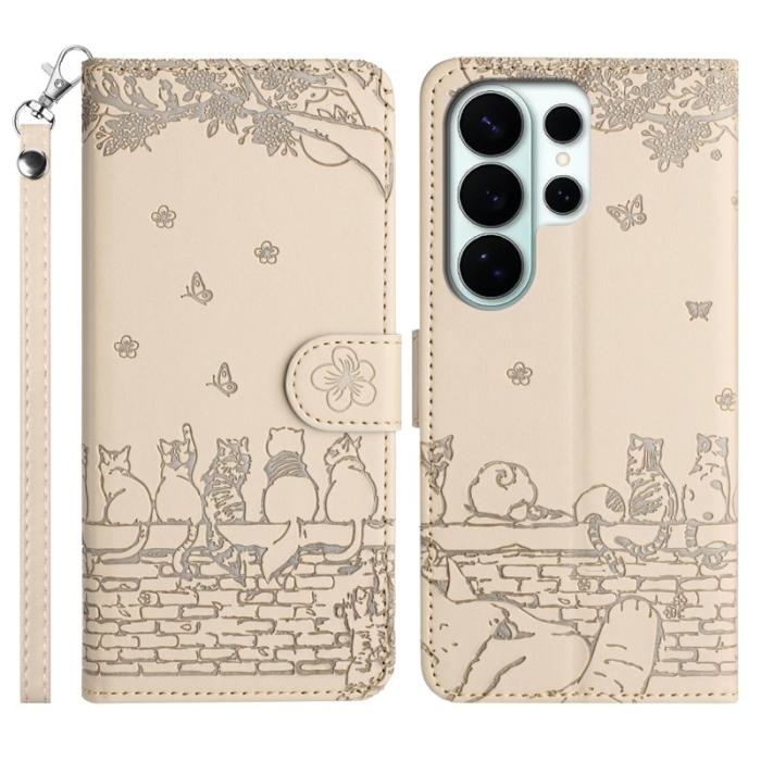 OEM - Samsung Galaxy S26 Ultra Skal Äkta Läder Mönster Katter - Aprikos