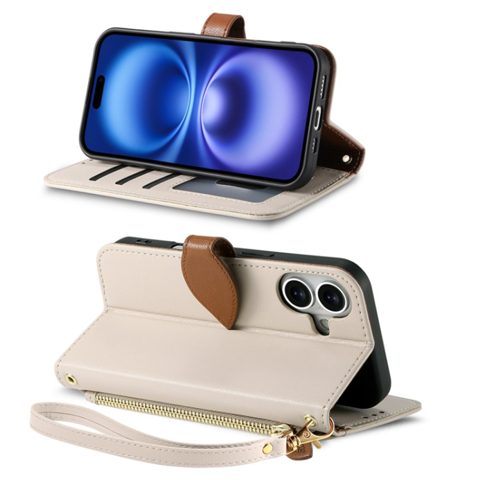 A-One Brand - iPhone 17 Plånboksfodral Leaf Magnetiskt Spänne Konstläder - Beige