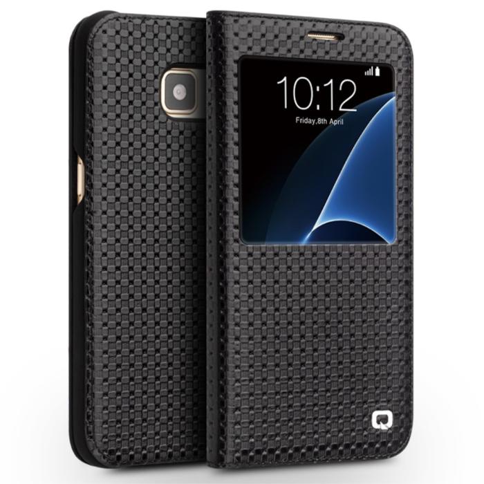 UTGATT5 - Grid Äkta Läder View Window Fodral till Samsung Galaxy S7 Edge - Svart