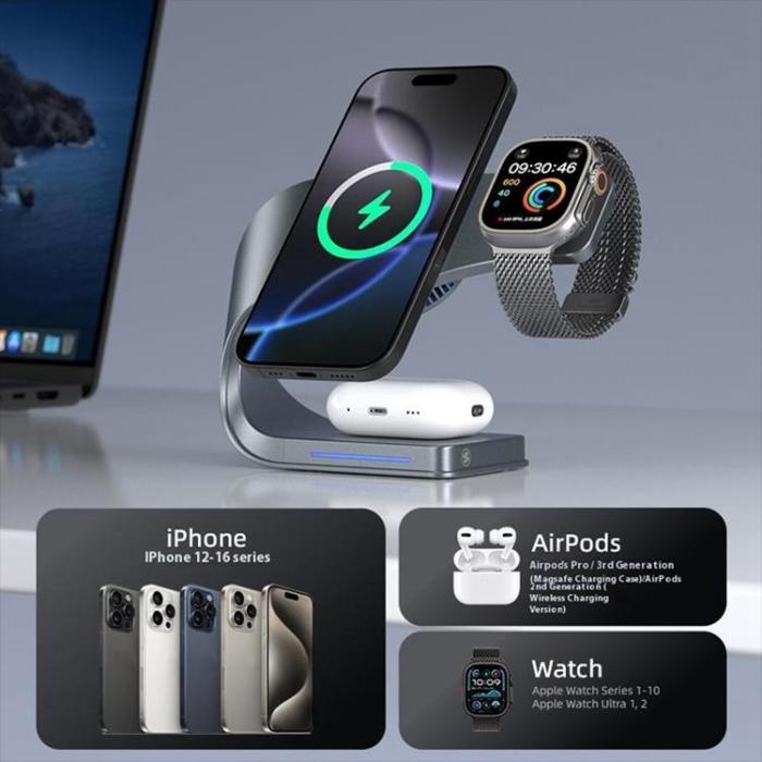 OEM - 3-in-1 Qi2 Trådlös Laddare Magsafe iPhone, Apple Watch, AirPods