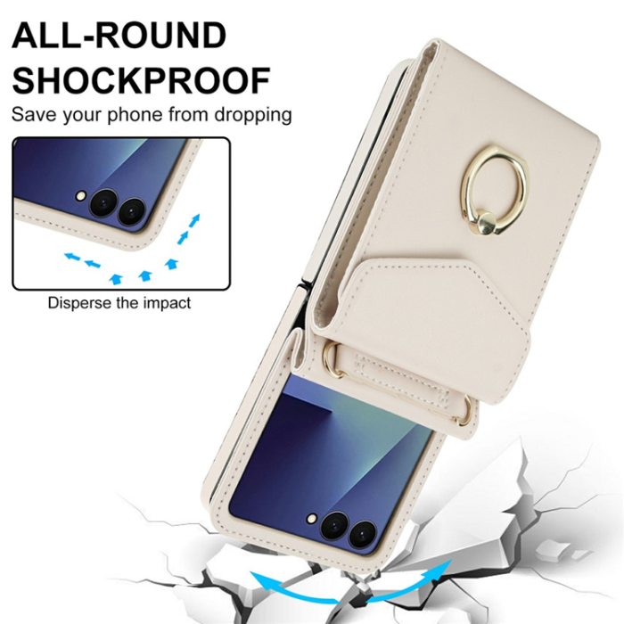A-One Brand - Galaxy Z Flip7 Plånboksfodral Litchi med Axelrem - Vit