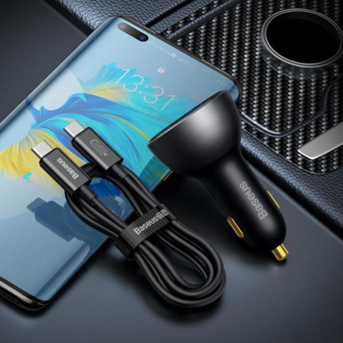 BASEUS - Baseus Billaddare 140W USB Till Typ-C Till USB-C Kabel 1m - Svart