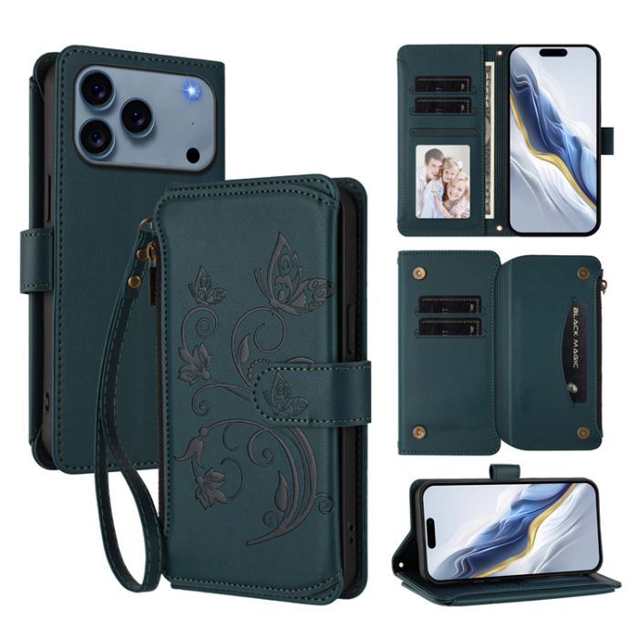 A-One Brand - iPhone 17 Pro Max Plånboksfodral Butterfly Floral Imprint - Grön