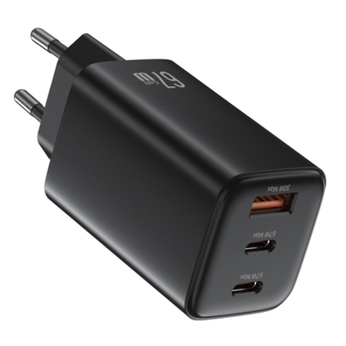 USAMS - USAMS GaN Snabbladdare 67W USB-A/2x USB-C EU CC265 - Svart