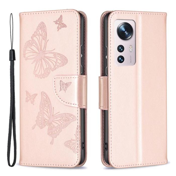 OEM - Butterfly Imprinted Plånboksfodral Xiaomi 12/12X - Rosa Guld