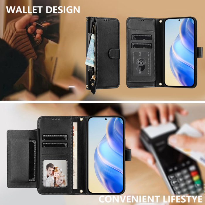 A-One Brand - iPhone 17 Pro Plånboksfodral Zipper Pocket Läder - Svart