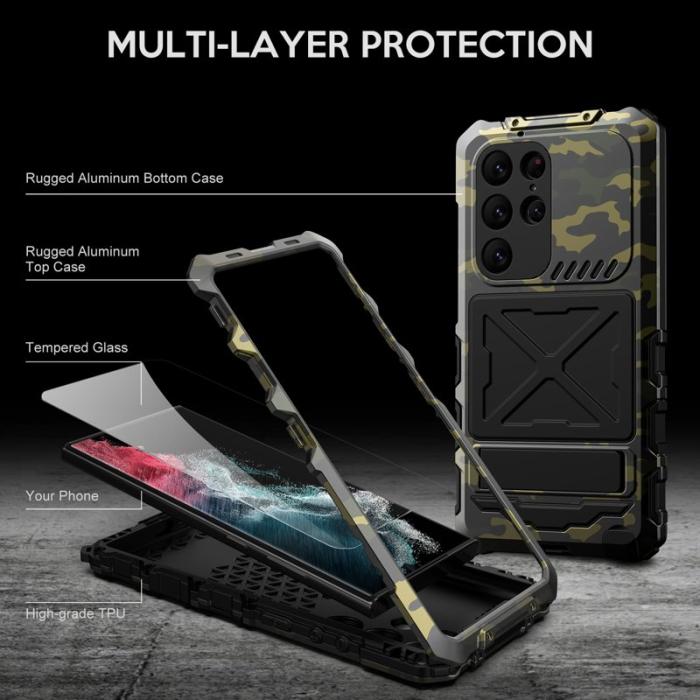 R-JUST - R-JUST Mobilskal till Galaxy S23 Ultra Silikon + Metall Kamouflage