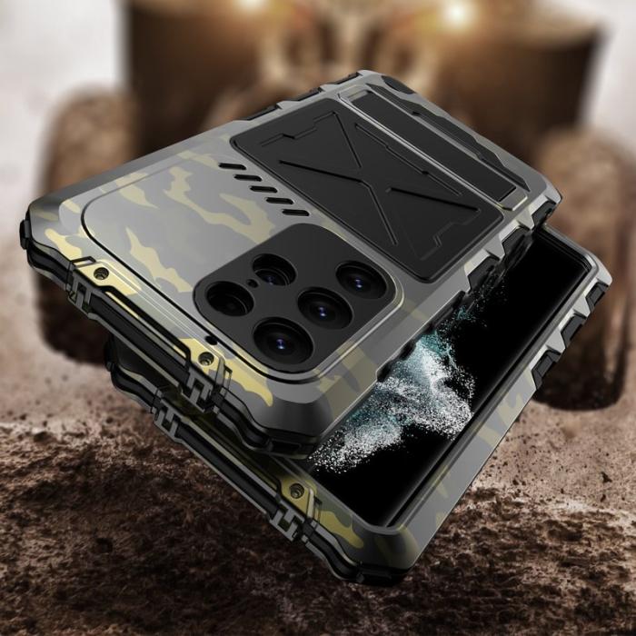 R-JUST - R-JUST Mobilskal till Galaxy S23 Ultra Silikon + Metall Kamouflage