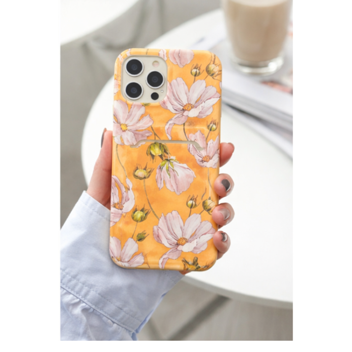 OEM - iPhone 13 Skal med Kortfack - Gul Flowers