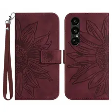 A-One Brand - Sony Xperia 1 VII Konstl&auml;der Pl&aring;nboksfodral Med Handledsrem - Vinr&ouml;d