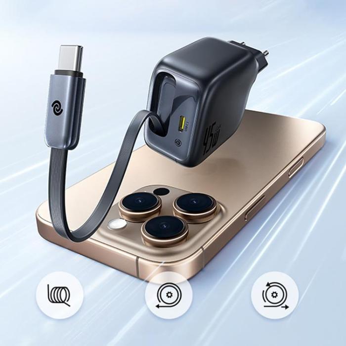 BASEUS - Baseus Snabbladdare 45W USB-C med Infällbar kabel EnerCore CJ11- Svart