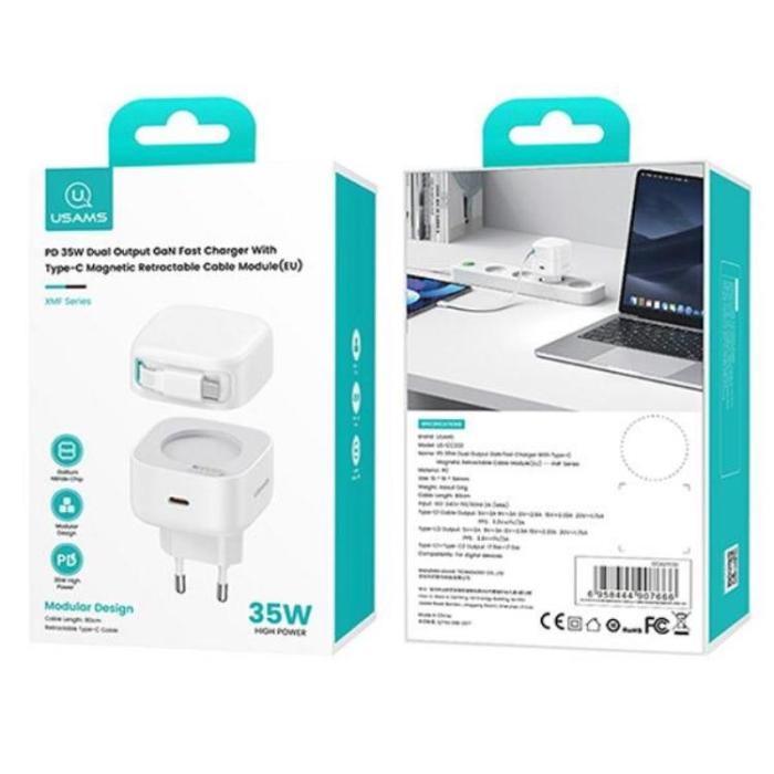 USAMS - USAMS Väggladdare 1xUSB-C med utdragbar USB-C kabel PD+QC 35W GaN – Vit