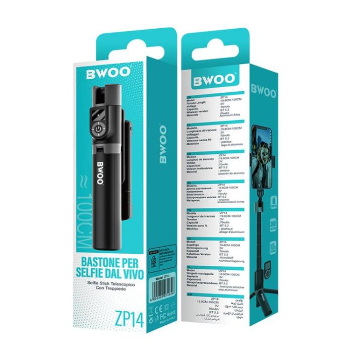 BWOO - BWOO Teleskopisk Selfie Stick Bluetooth med Fjärrkontroll - Svart