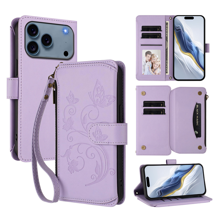 iPhone 17 Pro Max Plånboksfodral Butterfly Floral Imprint - Ljuslila | 2353 | AlltMobil