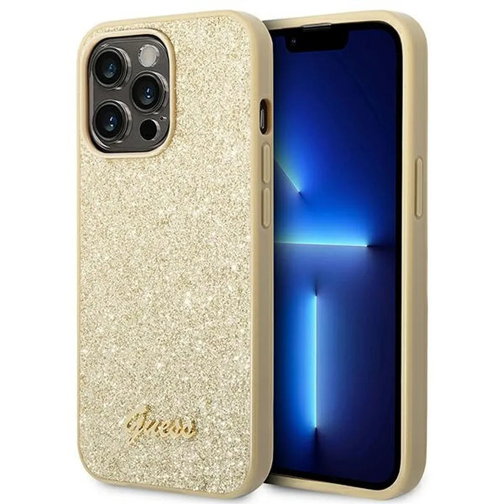 GUESS iPhone 14 Pro Skal Glitter Flakes Script Metal Logo - Guld | 2353 | AlltMobil