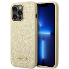 Guess - GUESS iPhone 14 Pro Skal Glitter Flakes Script Metal Logo - Guld