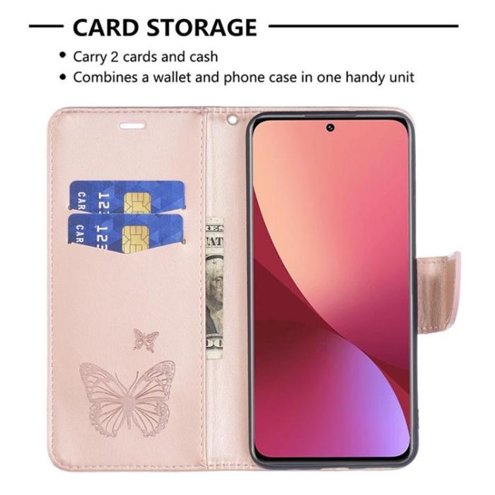 OEM - Butterfly Imprinted Plånboksfodral Xiaomi 12/12X - Rosa Guld