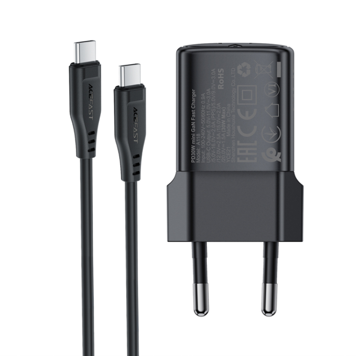 Acefast - Acefast Väggladdare USB-C 30W med USB-C till USB-C Kabel 1.2m - Svart