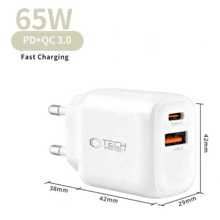 Tech-Protect - Tech-Protect 2-Port Snabbladdare PD 65W/QC3.0 NCA65W-GAN - Vit
