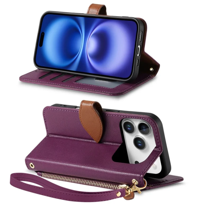 A-One Brand - iPhone 17 Pro Plånboksfodral Leaf Magnetiskt Spänne Konstläder - Lila