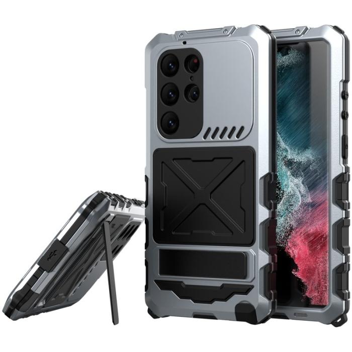 R-JUST - R-JUST Mobilskal till Galaxy S23 Ultra Silikon + Metall Silver