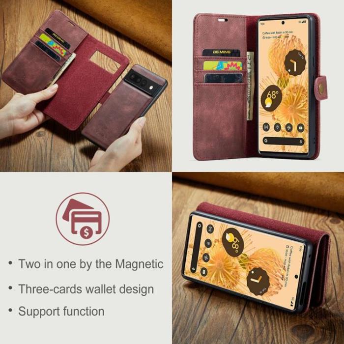 DG.MING - DG.MING Google Pixel 7 Pro Plånboksfodral Detachable 2in1 Äkta läder - Röd