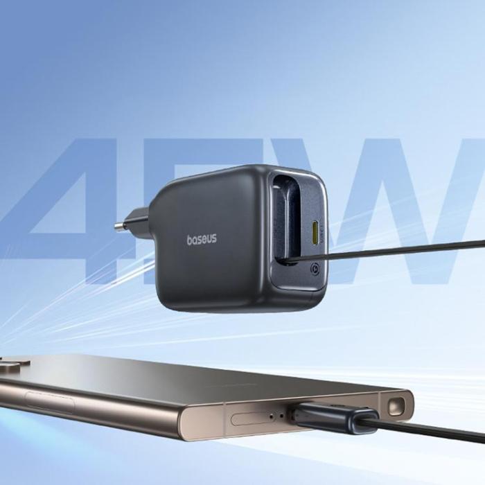 BASEUS - Baseus Snabbladdare 45W USB-C med Infällbar kabel EnerCore CJ11- Svart
