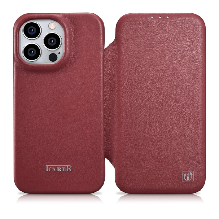 ICARER - iCarer iPhone 14 Pro Plånboksfodral Magsafe CE Läder - Röd