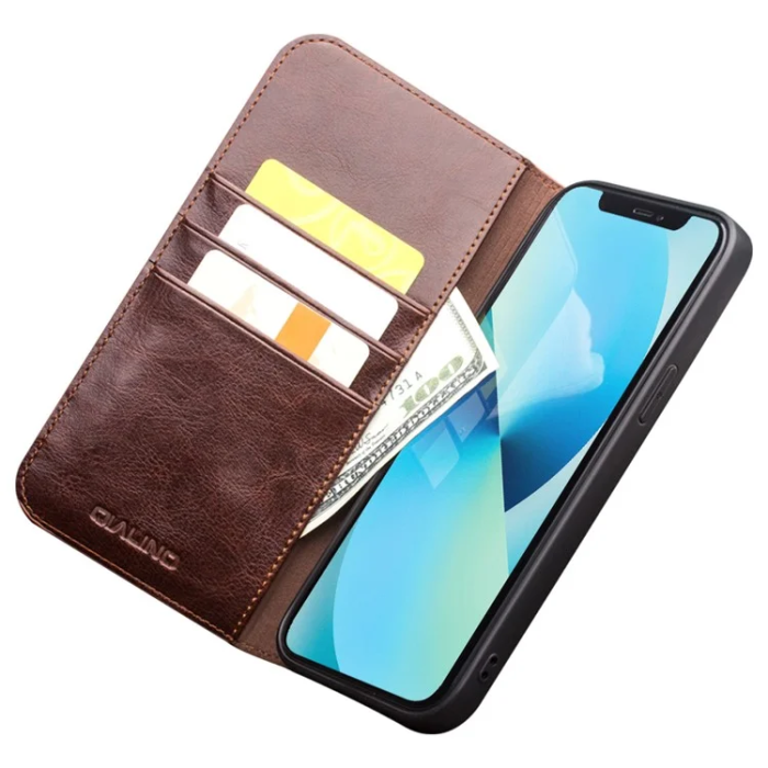 QIALINO - Qialino iPhone 13 Plånboksfodral Äkta Läder Cowhide - Brun