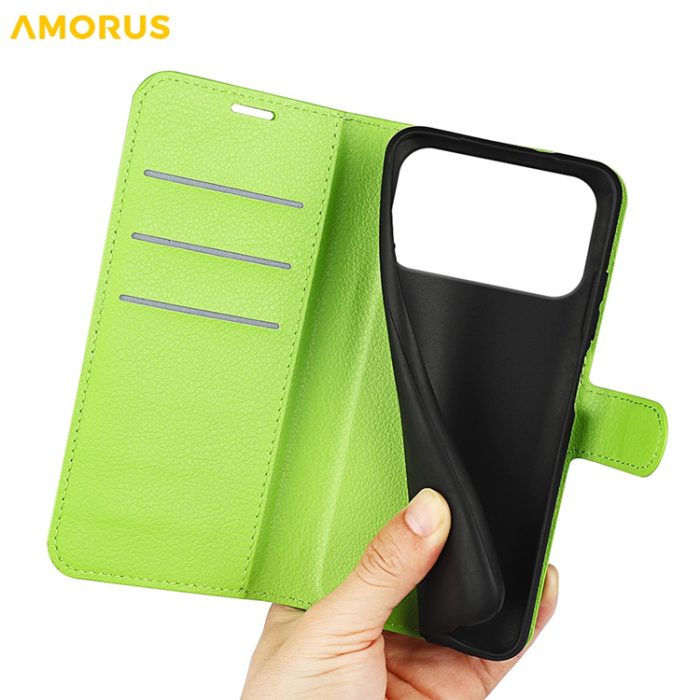 Amorus - AMORUS iPhone 17 Pro Plånboksfodral Flipstativ Litchi - Grön