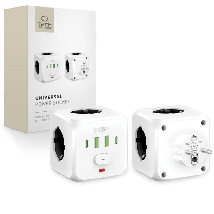 Tech-Protect - Tech-Protect Pcl3x4 Väggladdare adapter 2 Usb & 2 Typ-C & 3 Sockel - Vit