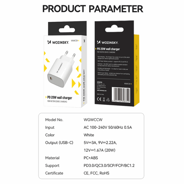 Wozinsky - Snabb Väggladdare 20W USB-C - Vit