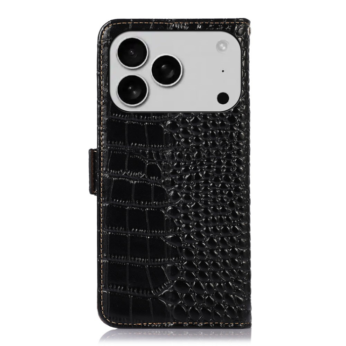 A-One Brand - iPhone 17 Pro Plånboksfodral Äkta Läder Crocodile - Svart