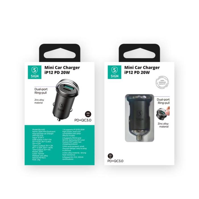 SiGN - SiGN Mini Billaddare USB & USB-C, PD & Q.C3.0, 5A, 20W - Svart