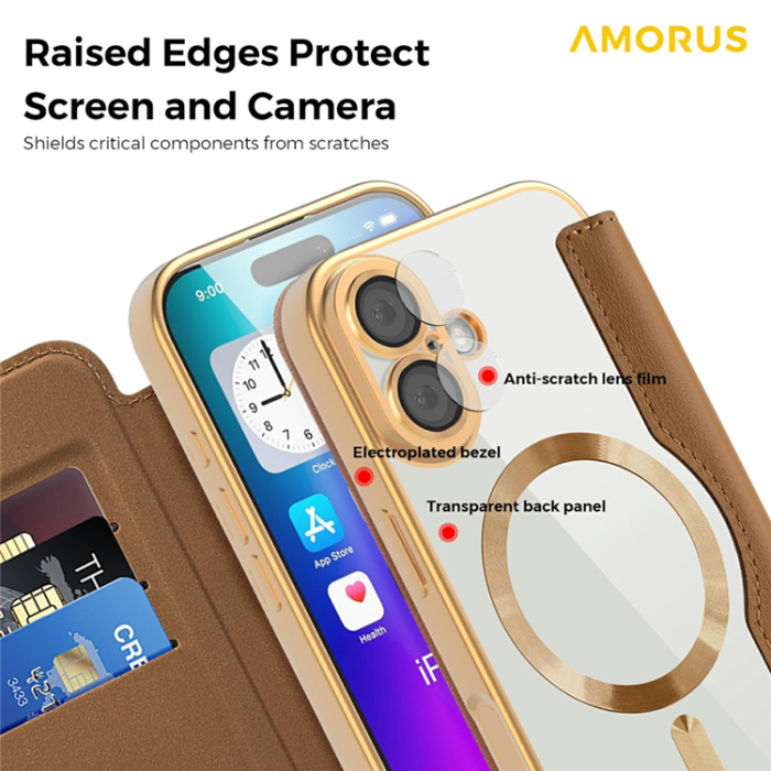 Amorus - AMORUS iPhone 17 Plånboksfodral MagSafe RFID Blocking - Brun