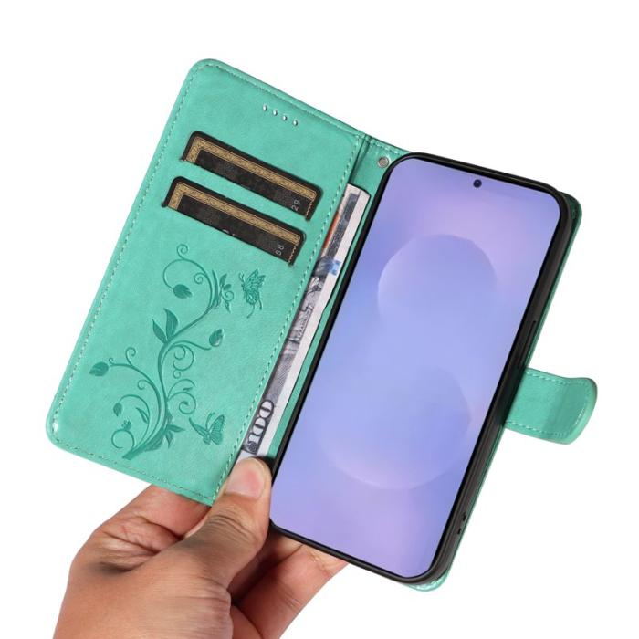 OEM - ABEEL Samsung Galaxy S26 Plus Plånboksfodral Konstläder Blommönster - Grön
