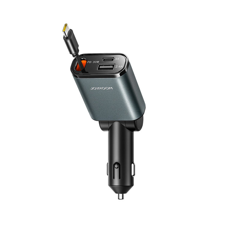 Joyroom Billaddare med Inbyggd Utdragbar Kabel JR-CCL07 - Mörkgrå | 505295 | AlltMobil