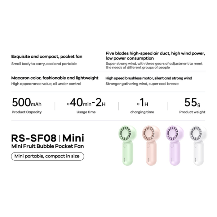 Remax - REMAX Bärbar Handfläkt USB-Laddningsbar RS-SF08 - Rosa